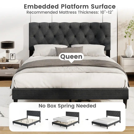 Upholstered Platform Bed with Tufted Headboard and Wooden Slats Gray-Queen Size - Simple Bed Frame