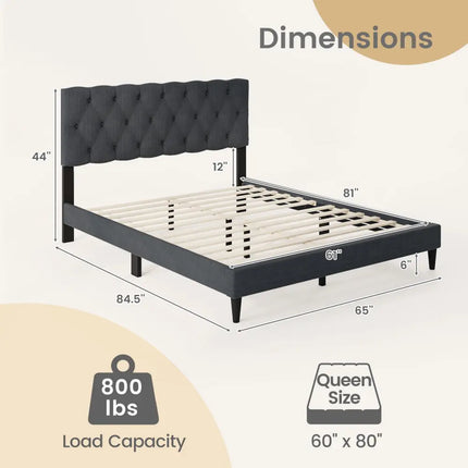 Upholstered Platform Bed with Tufted Headboard and Wooden Slats Gray-Queen Size - Simple Bed Frame