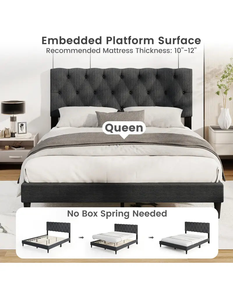 Upholstered Platform Bed with Tufted Headboard and Wooden Slats Gray-Queen Size - Simple Bed Frame