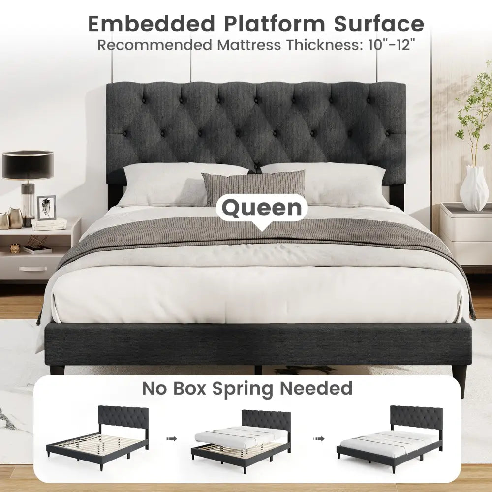 Upholstered Platform Bed with Tufted Headboard and Wooden Slats Gray-Queen Size - Simple Bed Frame
