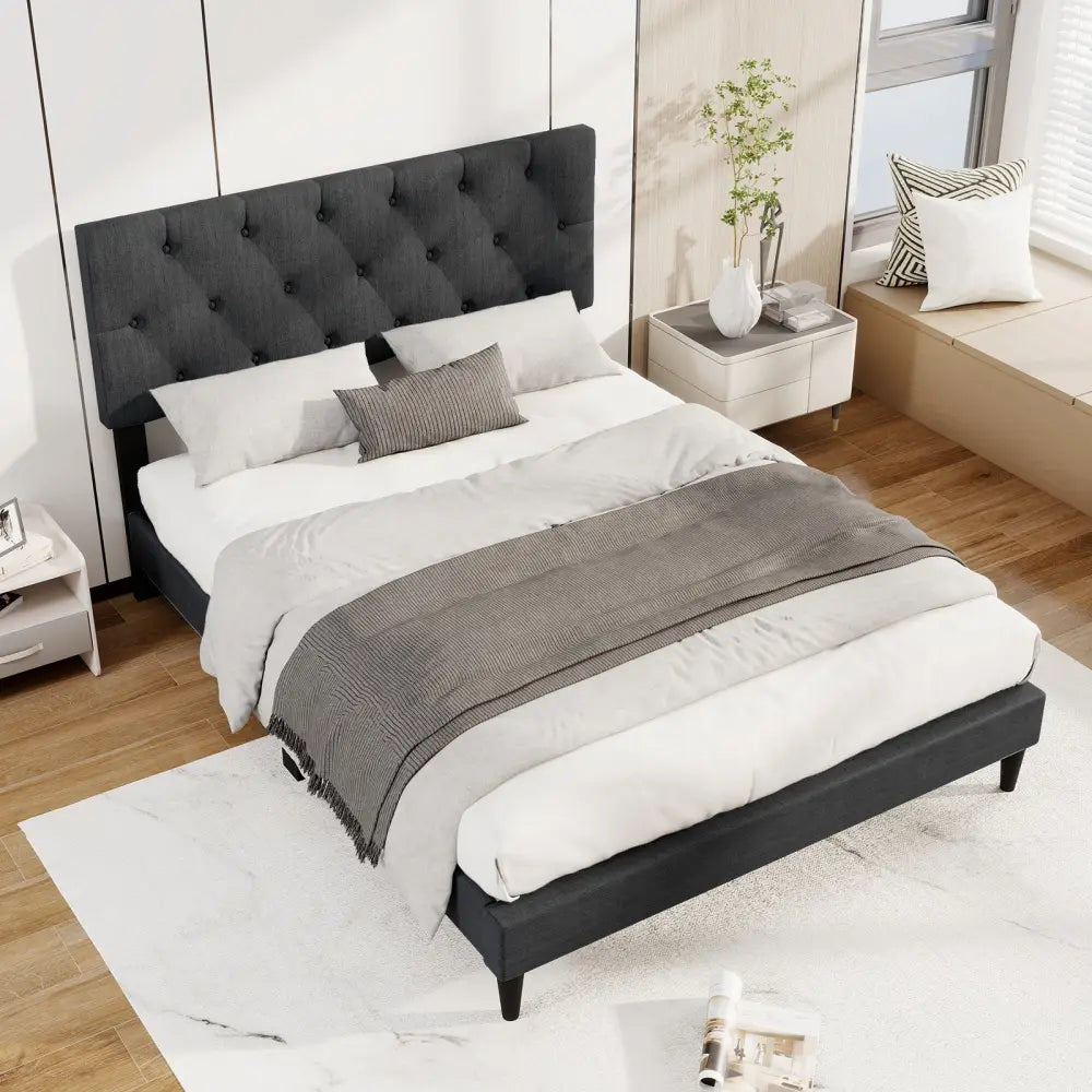 Upholstered Platform Bed with Tufted Headboard and Wooden Slats Gray-Full Size - Simple Bed Frame