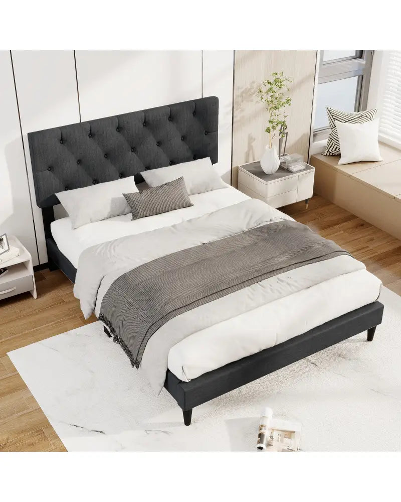 Upholstered Platform Bed with Tufted Headboard and Wooden Slats Gray-Full Size - Simple Bed Frame