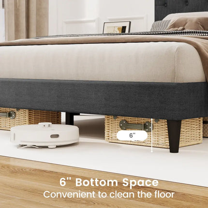 Upholstered Platform Bed with Tufted Headboard and Wooden Slats Gray-Queen Size - Simple Bed Frame