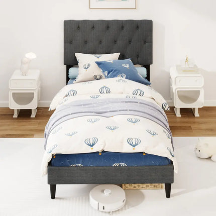Upholstered Platform Bed with Tufted Headboard and Wooden Slats Gray-Twin Size - Simple Bed Frame