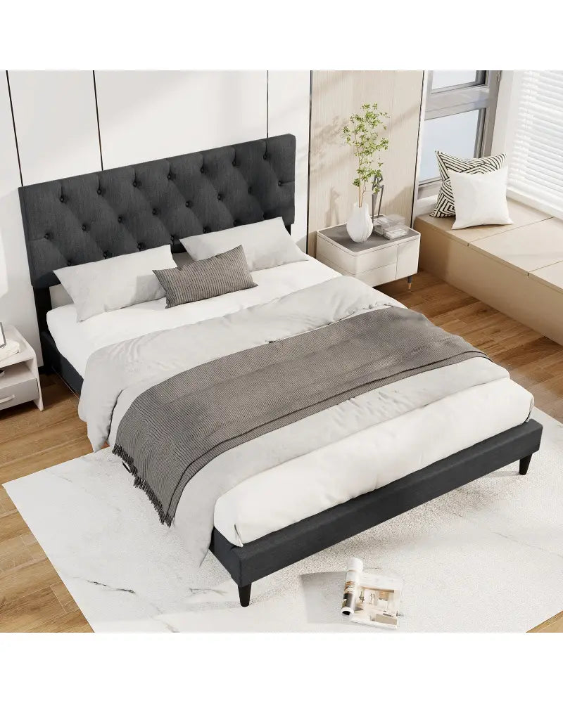 Upholstered Platform Bed with Tufted Headboard and Wooden Slats Gray-Queen Size - Simple Bed Frame
