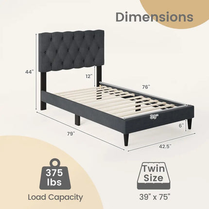 Upholstered Platform Bed with Tufted Headboard and Wooden Slats Gray-Twin Size - Simple Bed Frame