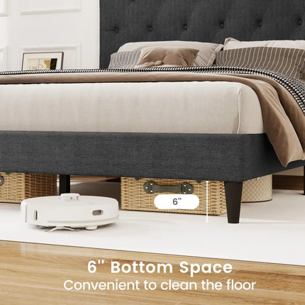 Upholstered Platform Bed with Tufted Headboard and Wooden Slats Gray-Full Size - Simple Bed Frame