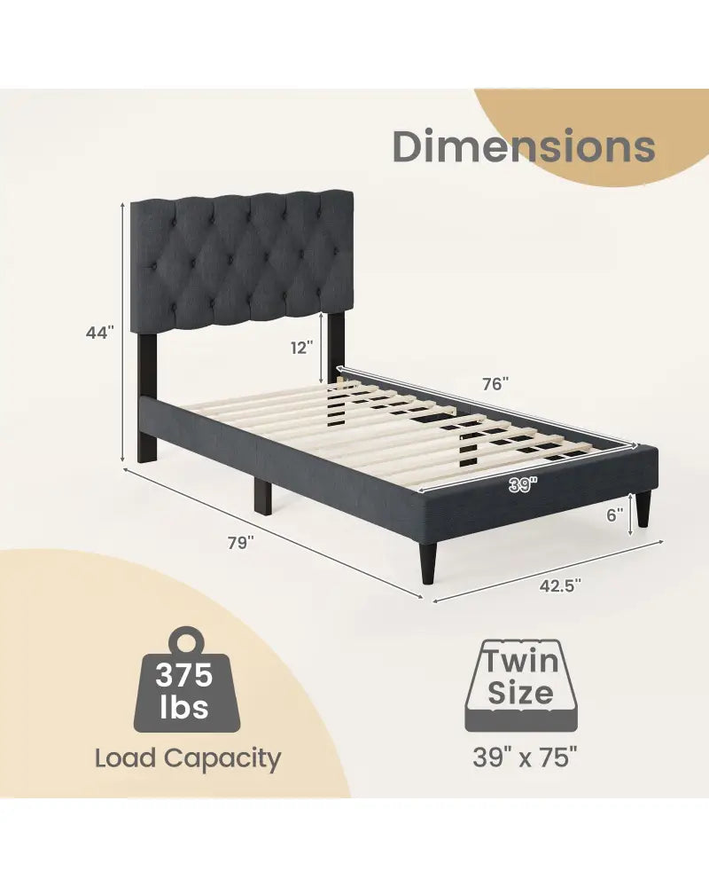 Upholstered Platform Bed with Tufted Headboard and Wooden Slats Gray-Twin Size - Simple Bed Frame