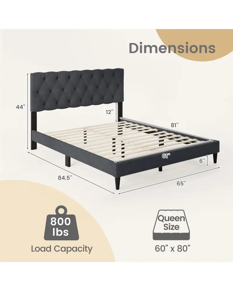 Upholstered Platform Bed with Tufted Headboard and Wooden Slats Gray-Queen Size - Simple Bed Frame
