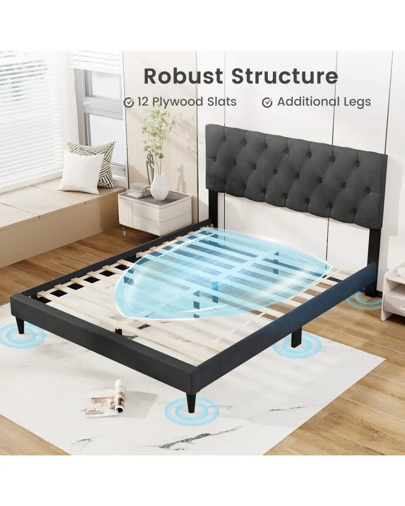 Upholstered Platform Bed with Tufted Headboard and Wooden Slats Gray-Queen Size - Simple Bed Frame