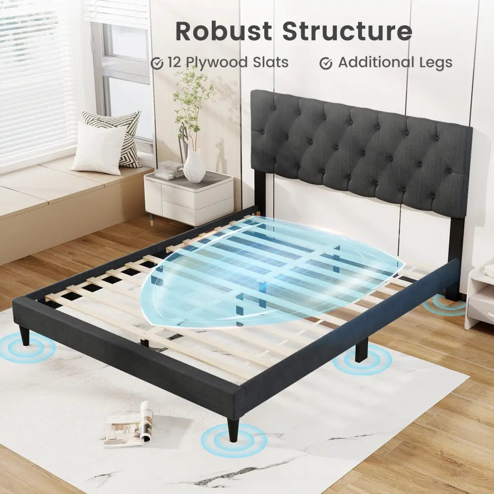 Upholstered Platform Bed with Tufted Headboard and Wooden Slats Gray-Queen Size - Simple Bed Frame