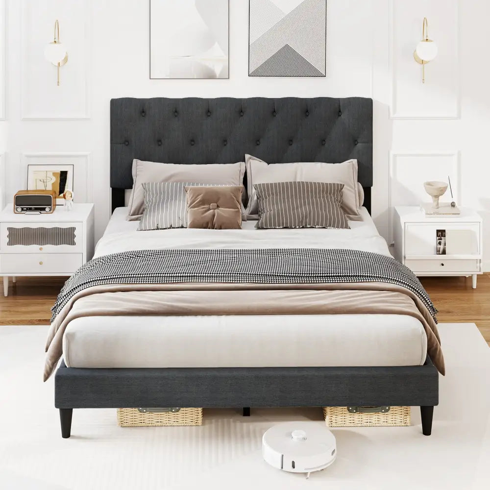 Upholstered Platform Bed with Tufted Headboard and Wooden Slats Gray-Queen Size - Simple Bed Frame
