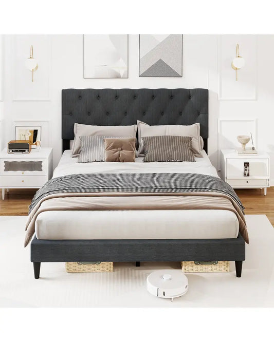 Upholstered Platform Bed with Tufted Headboard and Wooden Slats Gray-Queen Size - Simple Bed Frame