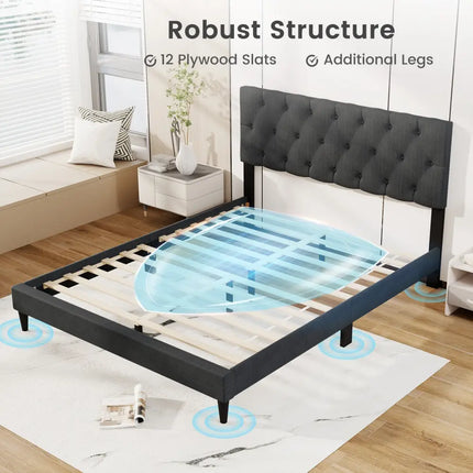 Upholstered Platform Bed with Tufted Headboard and Wooden Slats Gray-Queen Size - Simple Bed Frame