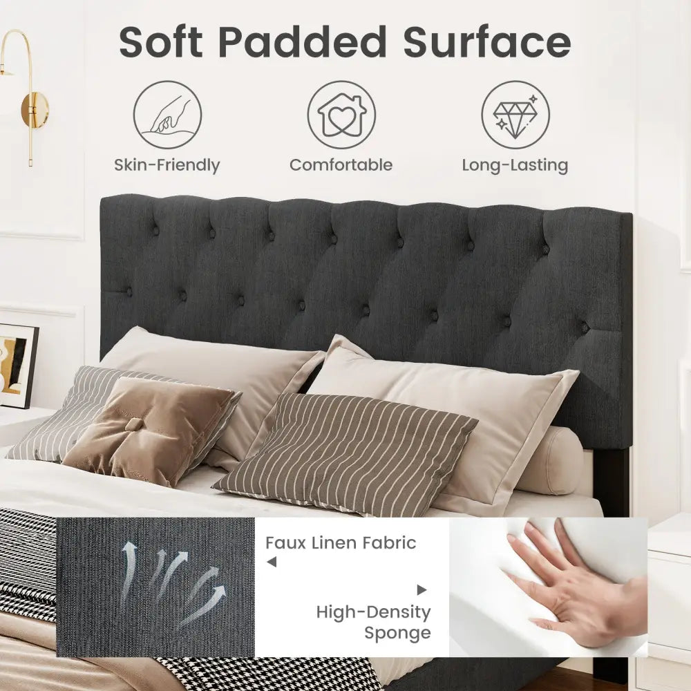 Upholstered Platform Bed with Tufted Headboard and Wooden Slats Gray-Queen Size - Simple Bed Frame