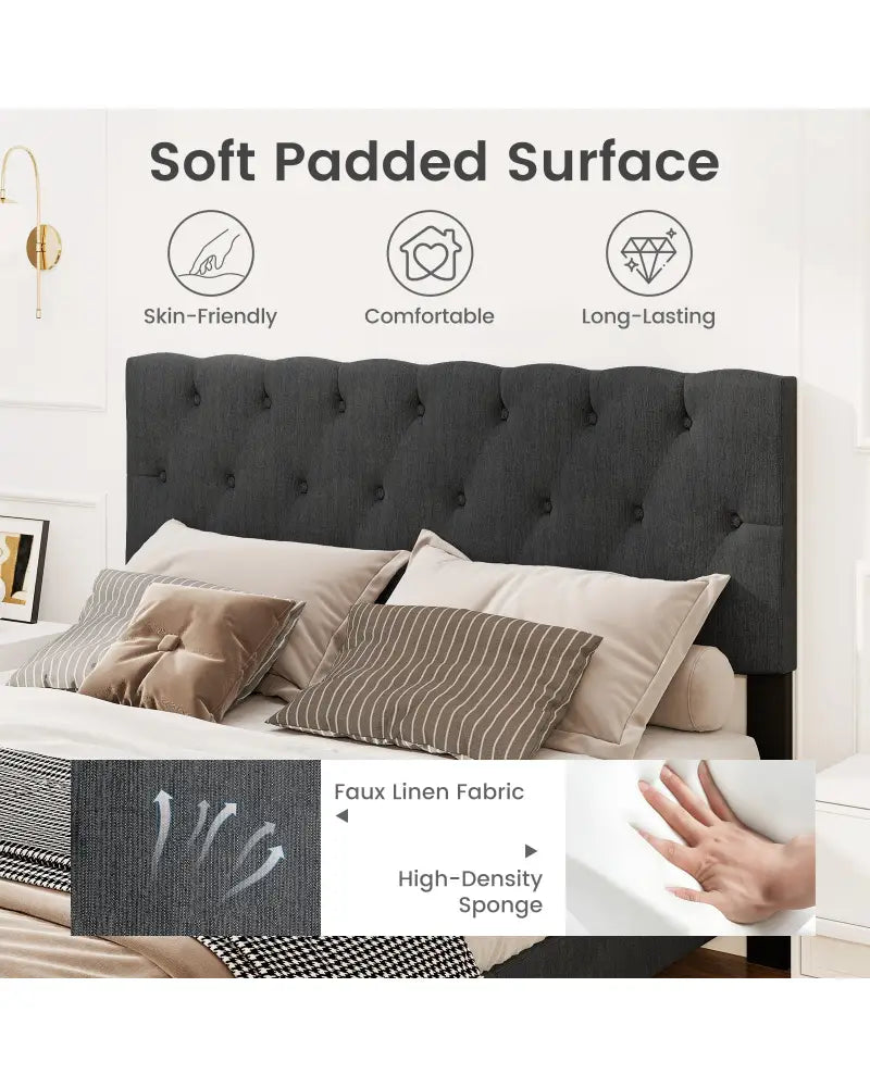 Upholstered Platform Bed with Tufted Headboard and Wooden Slats Gray-Queen Size - Simple Bed Frame