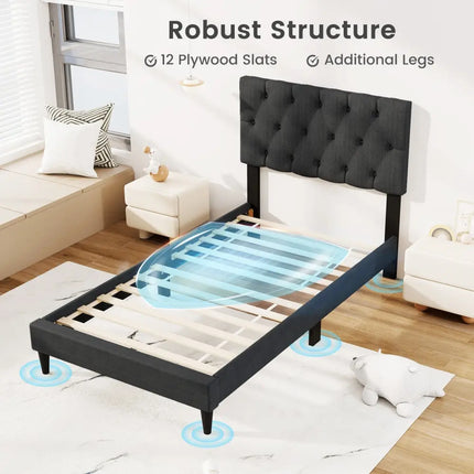 Upholstered Platform Bed with Tufted Headboard and Wooden Slats Gray-Twin Size - Simple Bed Frame