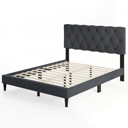 Upholstered Platform Bed with Tufted Headboard and Wooden Slats Gray-Full Size - Simple Bed Frame