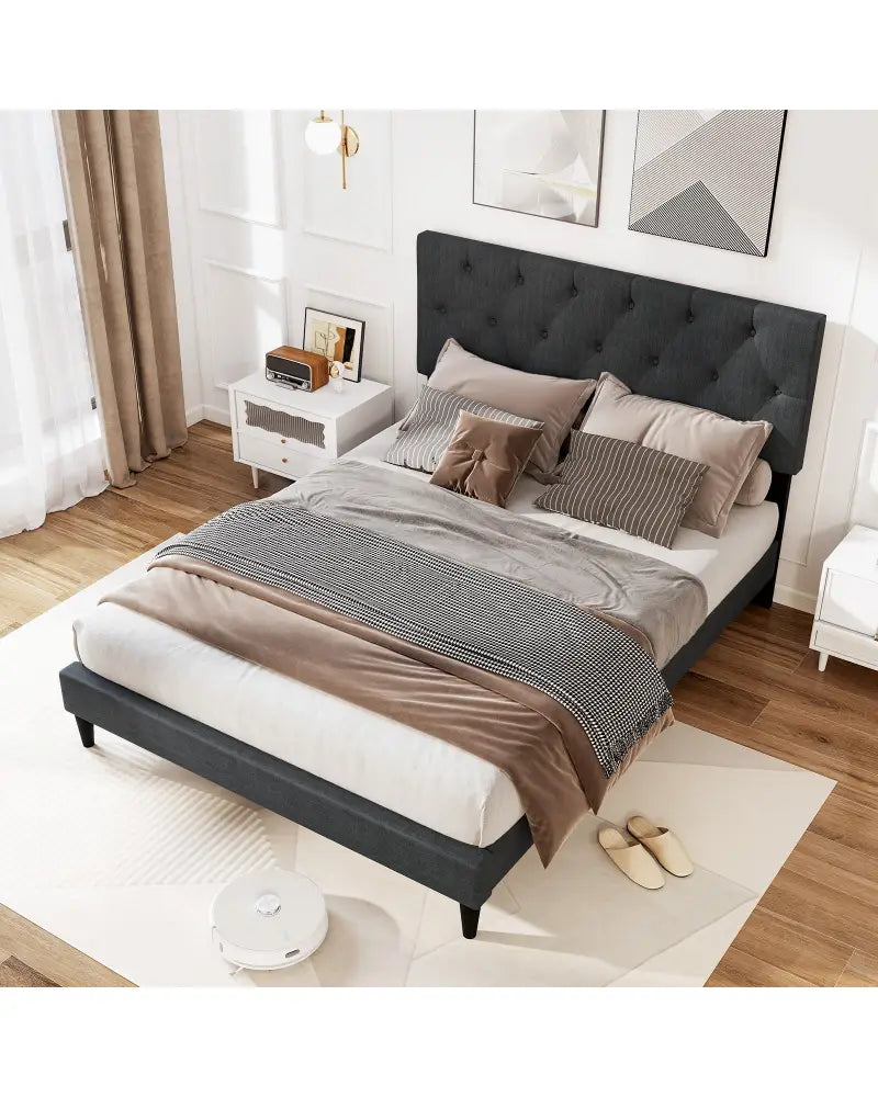 Upholstered Platform Bed with Tufted Headboard and Wooden Slats Gray-Full Size - Simple Bed Frame
