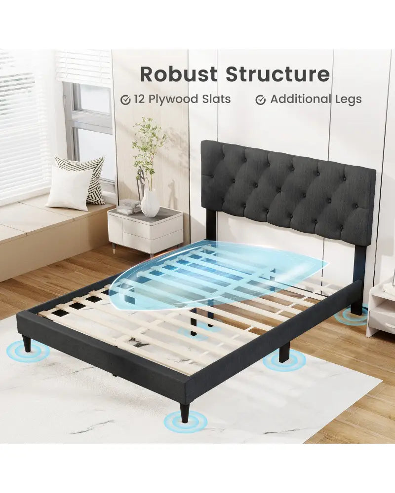 Upholstered Platform Bed with Tufted Headboard and Wooden Slats Gray-Full Size - Simple Bed Frame