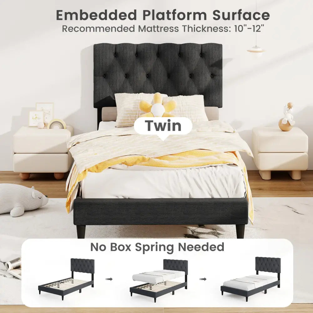 Upholstered Platform Bed with Tufted Headboard and Wooden Slats Gray-Twin Size - Simple Bed Frame