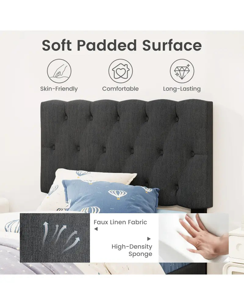 Upholstered Platform Bed with Tufted Headboard and Wooden Slats Gray-Twin Size - Simple Bed Frame