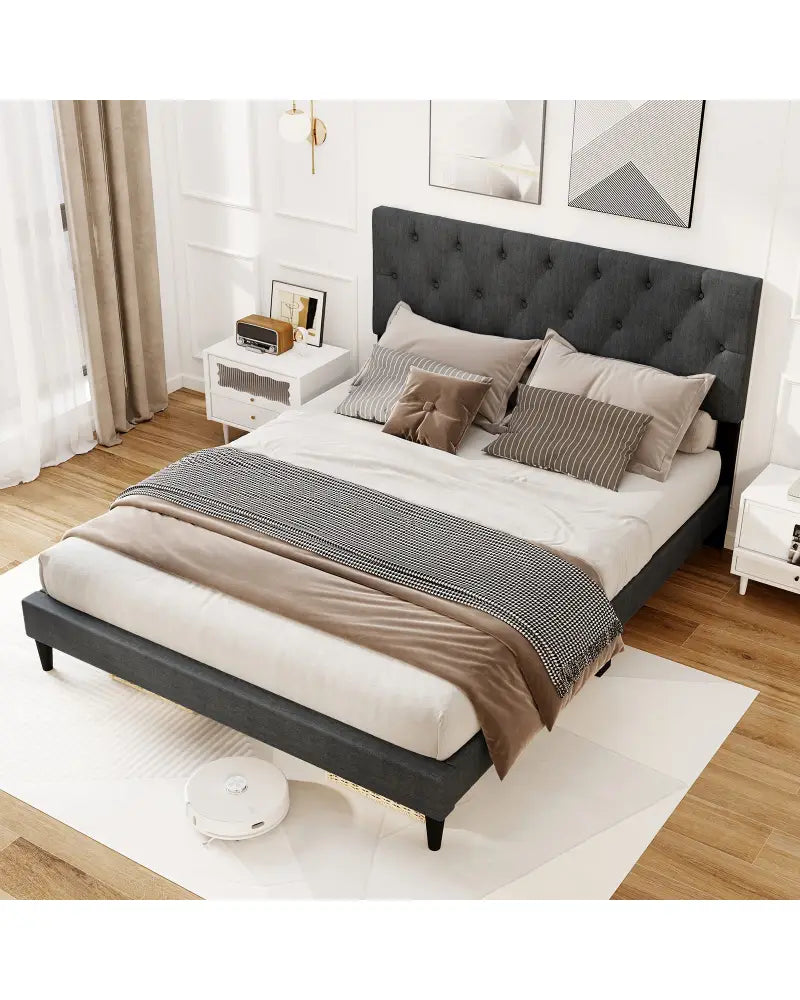 Upholstered Platform Bed with Tufted Headboard and Wooden Slats Gray-Queen Size - Simple Bed Frame