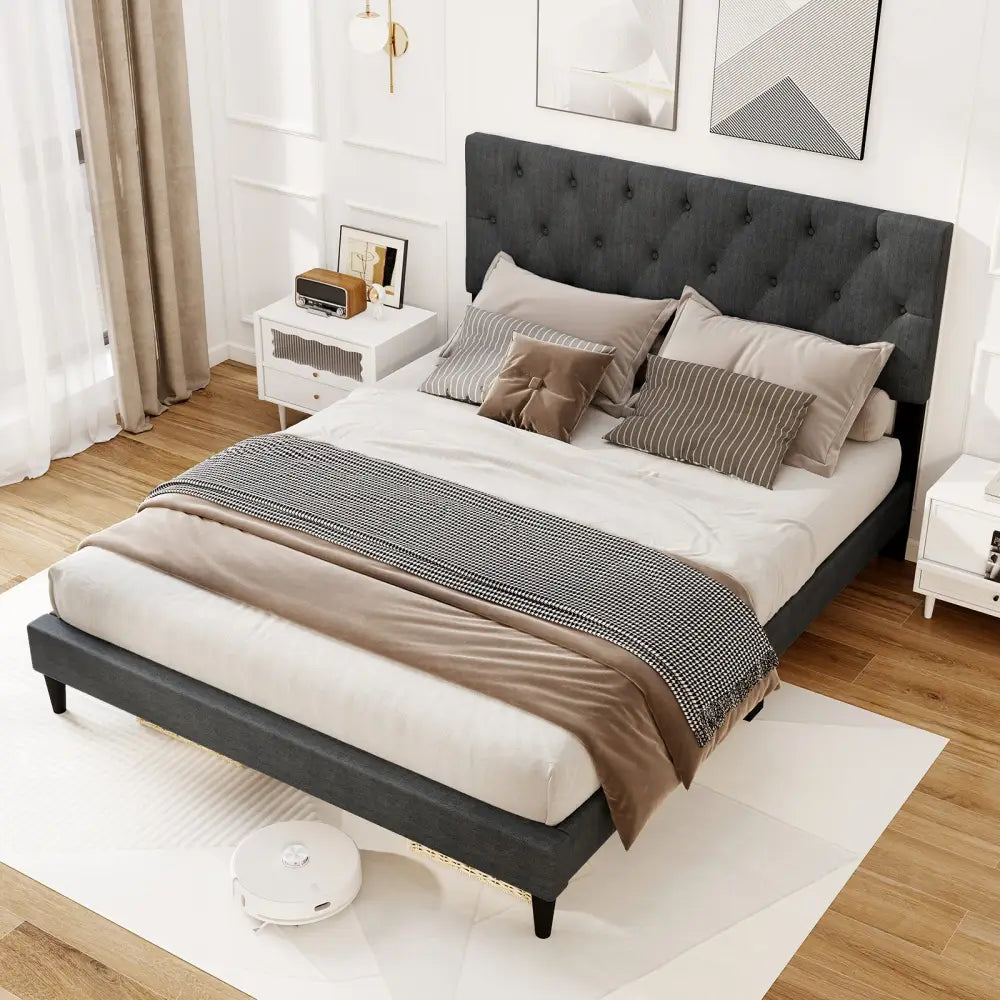 Upholstered Platform Bed with Tufted Headboard and Wooden Slats Gray-Queen Size - Simple Bed Frame