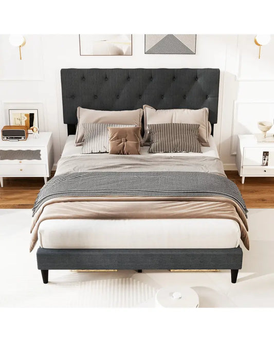 Upholstered Platform Bed with Tufted Headboard and Wooden Slats Gray-Full Size - Simple Bed Frame
