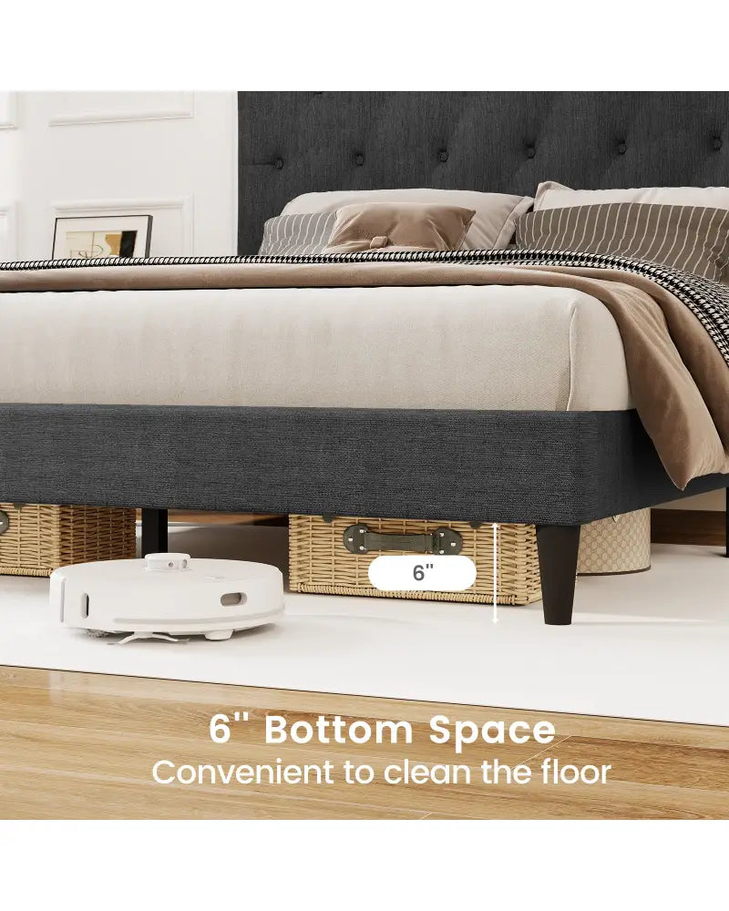 Upholstered Platform Bed with Tufted Headboard and Wooden Slats Gray-Full Size - Simple Bed Frame