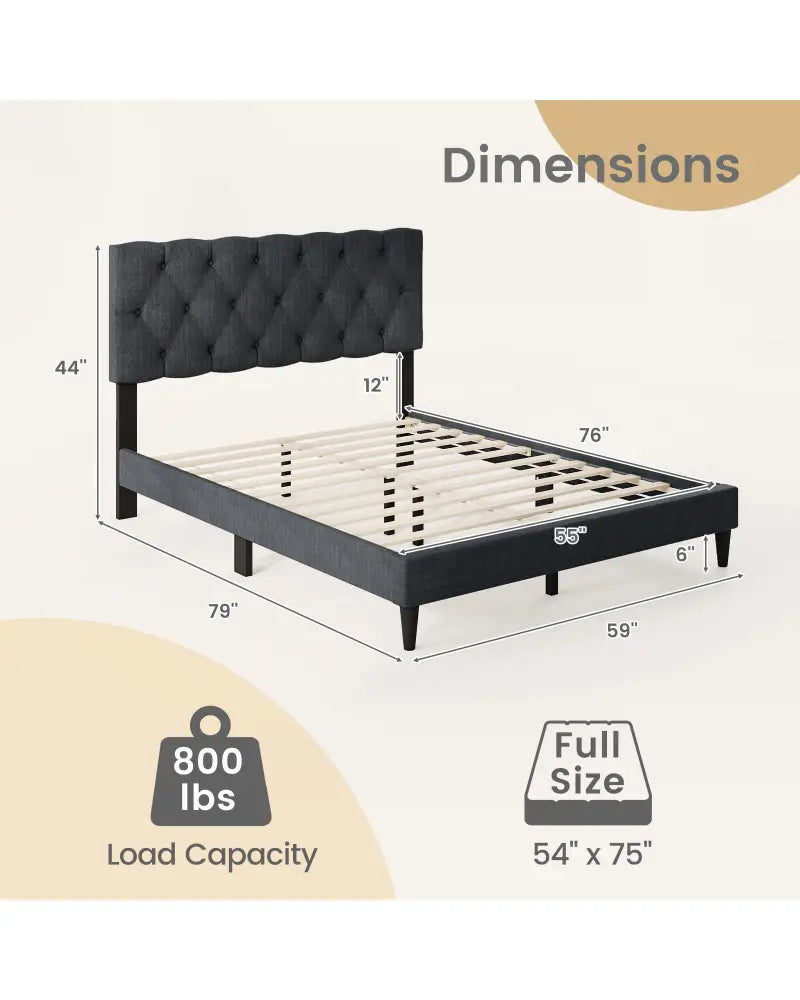 Upholstered Platform Bed with Tufted Headboard and Wooden Slats Gray-Full Size - Simple Bed Frame