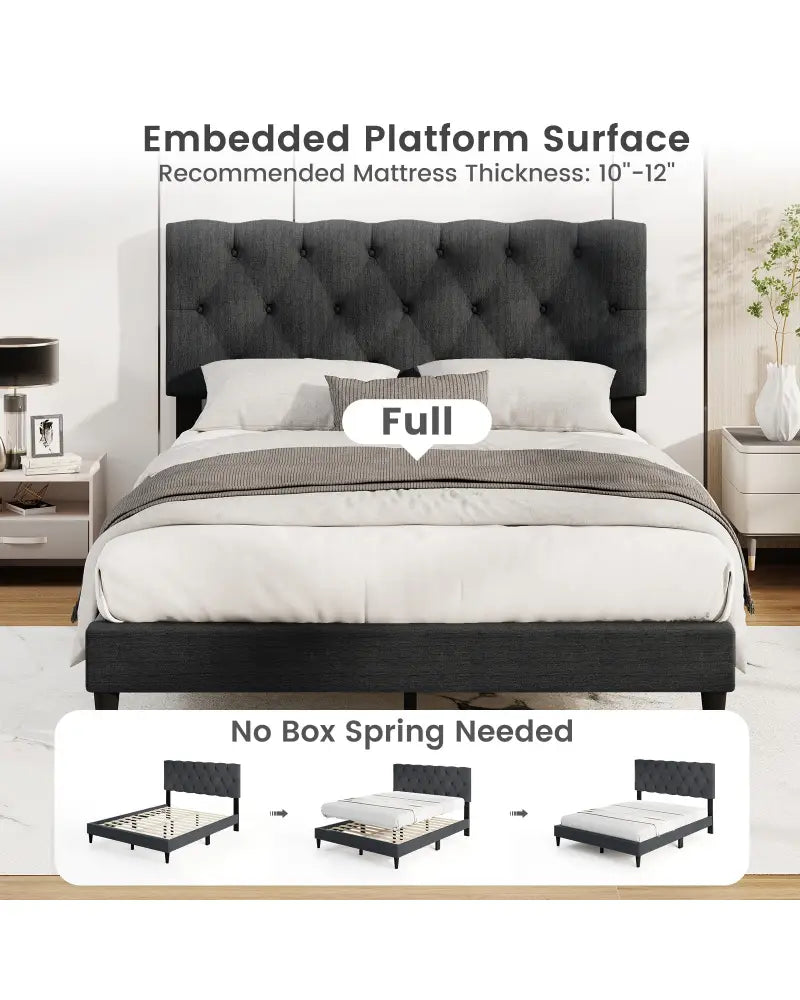 Upholstered Platform Bed with Tufted Headboard and Wooden Slats Gray-Full Size - Simple Bed Frame