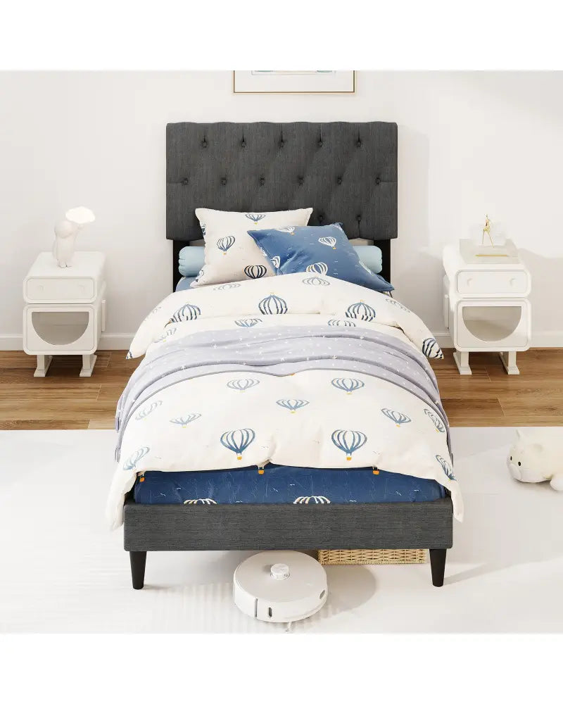 Upholstered Platform Bed with Tufted Headboard and Wooden Slats Gray-Twin Size - Simple Bed Frame