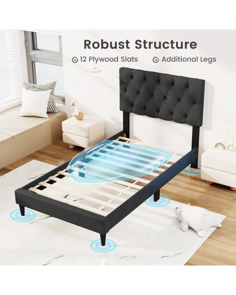 Upholstered Platform Bed with Tufted Headboard and Wooden Slats Gray-Twin Size - Simple Bed Frame