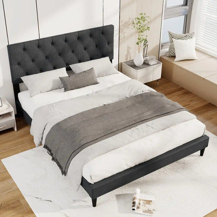 Upholstered Platform Bed with Tufted Headboard and Wooden Slats Gray-Queen Size - Simple Bed Frame