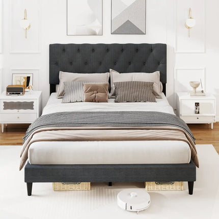Upholstered Platform Bed with Tufted Headboard and Wooden Slats Gray-Queen Size - Simple Bed Frame