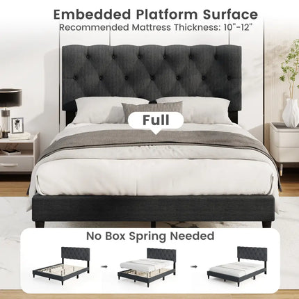 Upholstered Platform Bed with Tufted Headboard and Wooden Slats Gray-Full Size - Simple Bed Frame