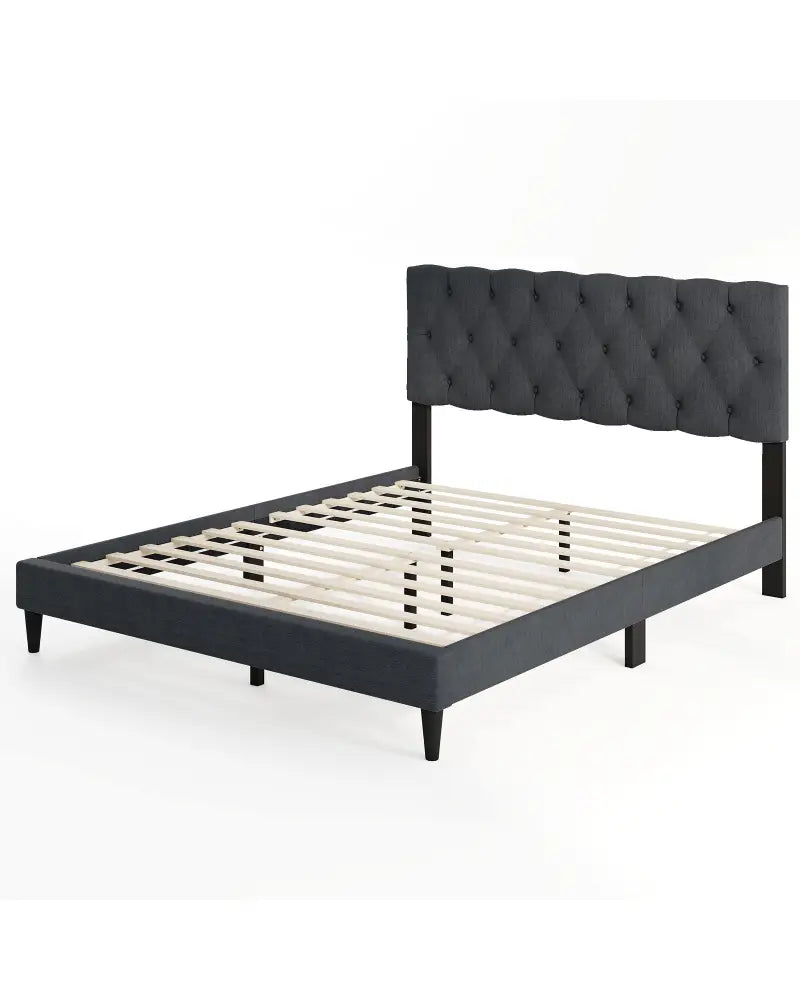 Upholstered Platform Bed with Tufted Headboard and Wooden Slats Gray-Queen Size - Simple Bed Frame