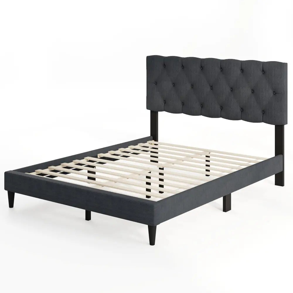 Upholstered Platform Bed with Tufted Headboard and Wooden Slats Gray-Full Size - Simple Bed Frame