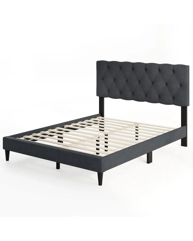 Upholstered Platform Bed with Tufted Headboard and Wooden Slats Gray-Full Size - Simple Bed Frame