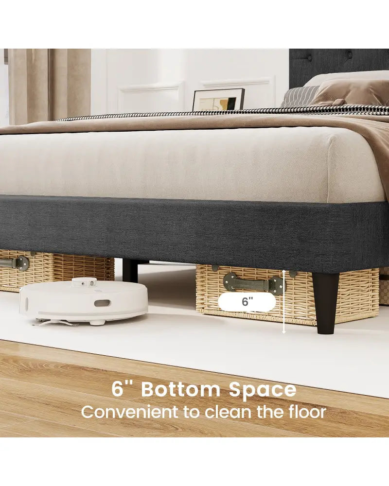 Upholstered Platform Bed with Tufted Headboard and Wooden Slats Gray-Queen Size - Simple Bed Frame