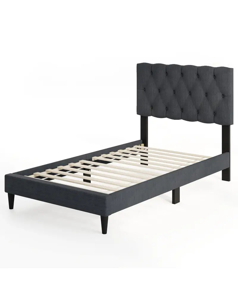 Upholstered Platform Bed with Tufted Headboard and Wooden Slats Gray-Twin Size - Simple Bed Frame