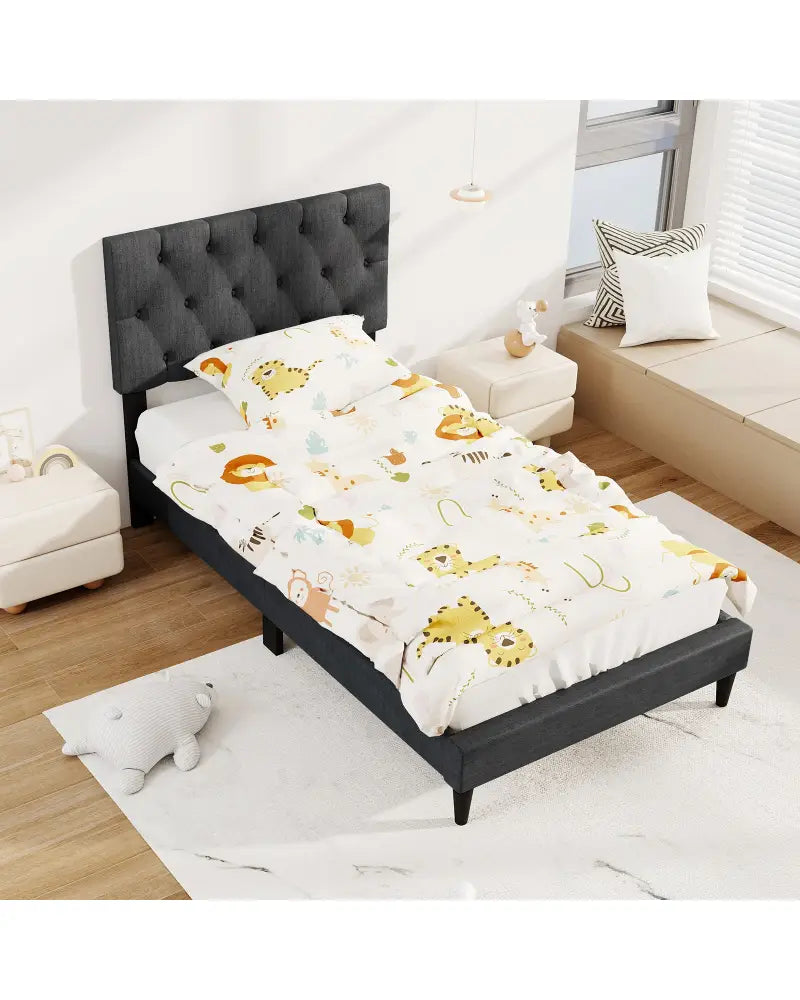 Upholstered Platform Bed with Tufted Headboard and Wooden Slats Gray-Twin Size - Simple Bed Frame