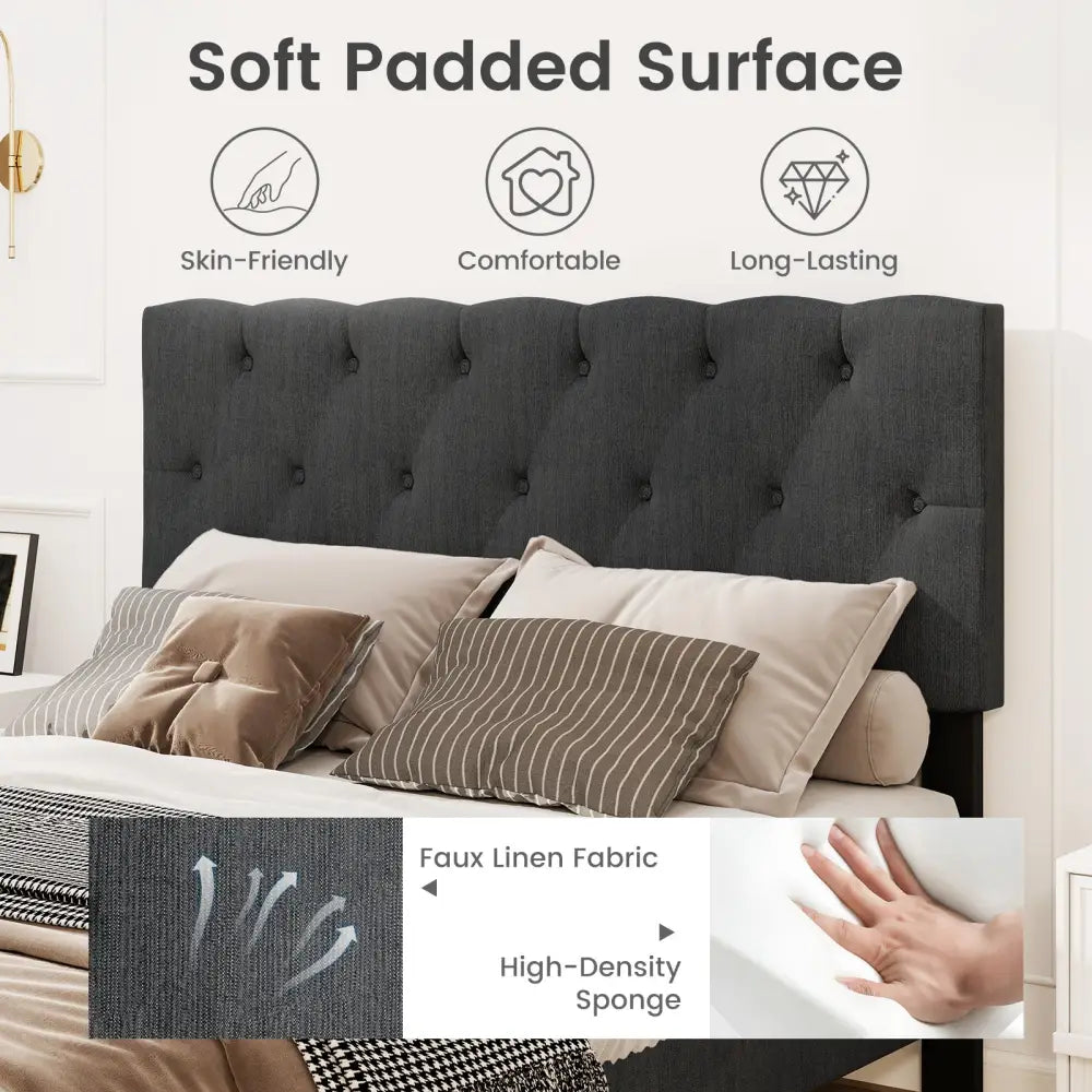 Upholstered Platform Bed with Tufted Headboard and Wooden Slats Gray-Full Size - Simple Bed Frame