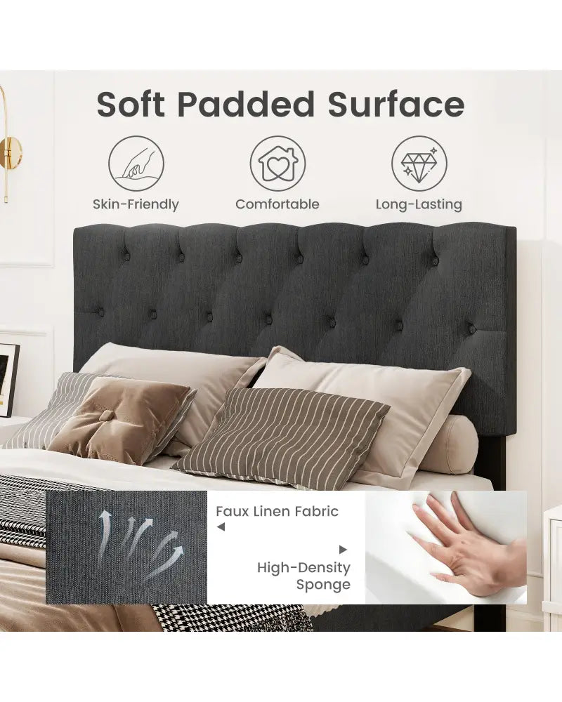 Upholstered Platform Bed with Tufted Headboard and Wooden Slats Gray-Full Size - Simple Bed Frame