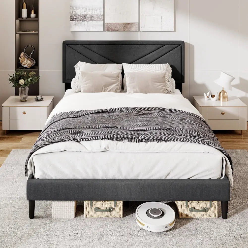 Upholstered Platform Bed with Tufted Headboard and Wooden Slats-Queen Size - Gray - Simple Bed Frame