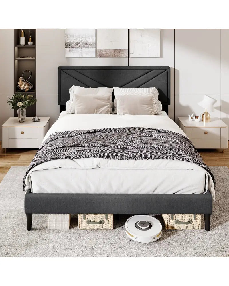 Upholstered Platform Bed with Tufted Headboard and Wooden Slats-Queen Size - Gray - Simple Bed Frame