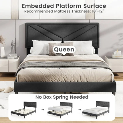 Upholstered Platform Bed with Tufted Headboard and Wooden Slats-Queen Size - Gray - Simple Bed Frame