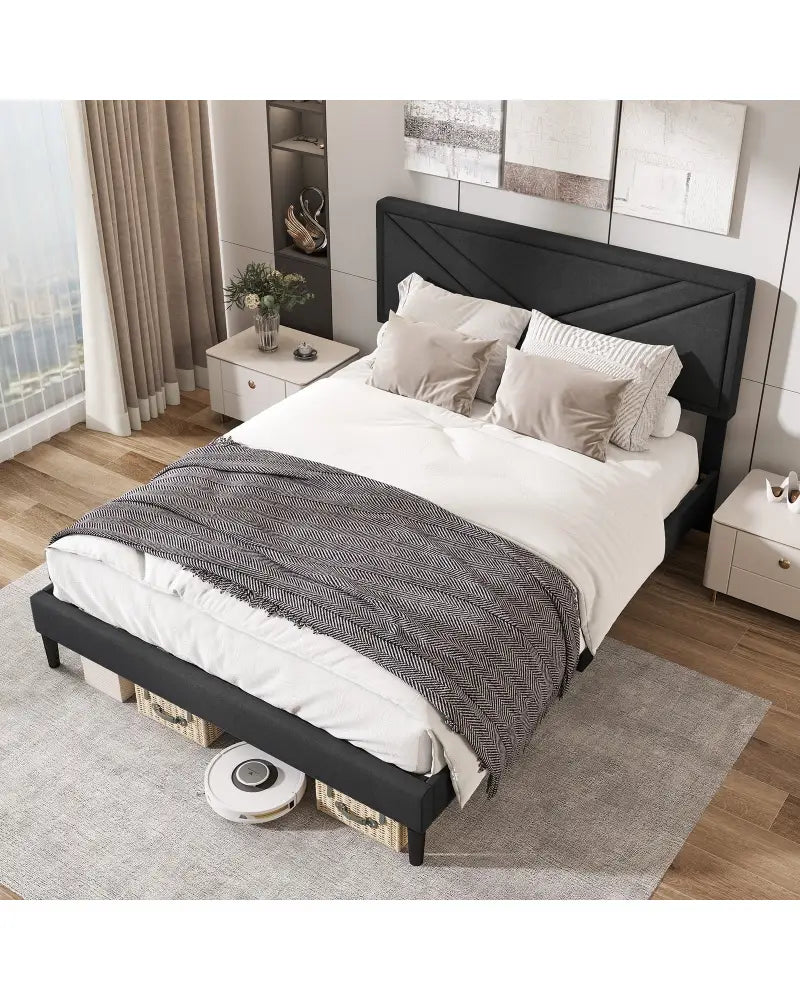 Upholstered Platform Bed with Tufted Headboard and Wooden Slats-Queen Size - Gray - Simple Bed Frame