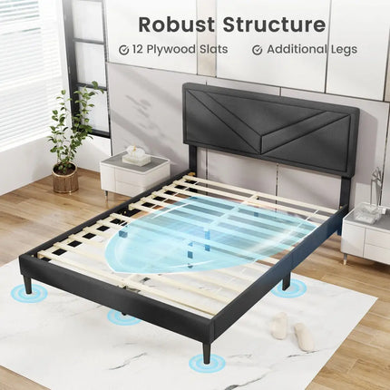 Upholstered Platform Bed with Tufted Headboard and Wooden Slats-Queen Size - Gray - Simple Bed Frame